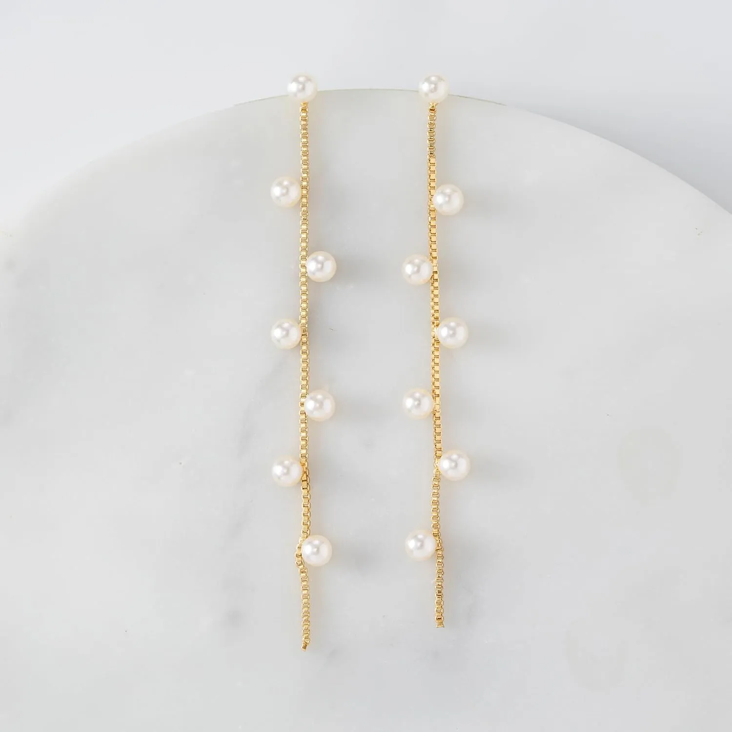 SWEETV 14K Gold Plated Long Pearl Drop Dangle Earrings for Women, Tassel Chain Baroque Pearl Wedding Bridal Earrings for Brides Bridesmaids, Prom Jewelry Gifts