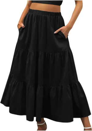 TANGNADE Women's Skirts Knee Length High Waisted Vacation Skirts for Women Summer Trendy Flowy Travel Boho Skirt with Pocket