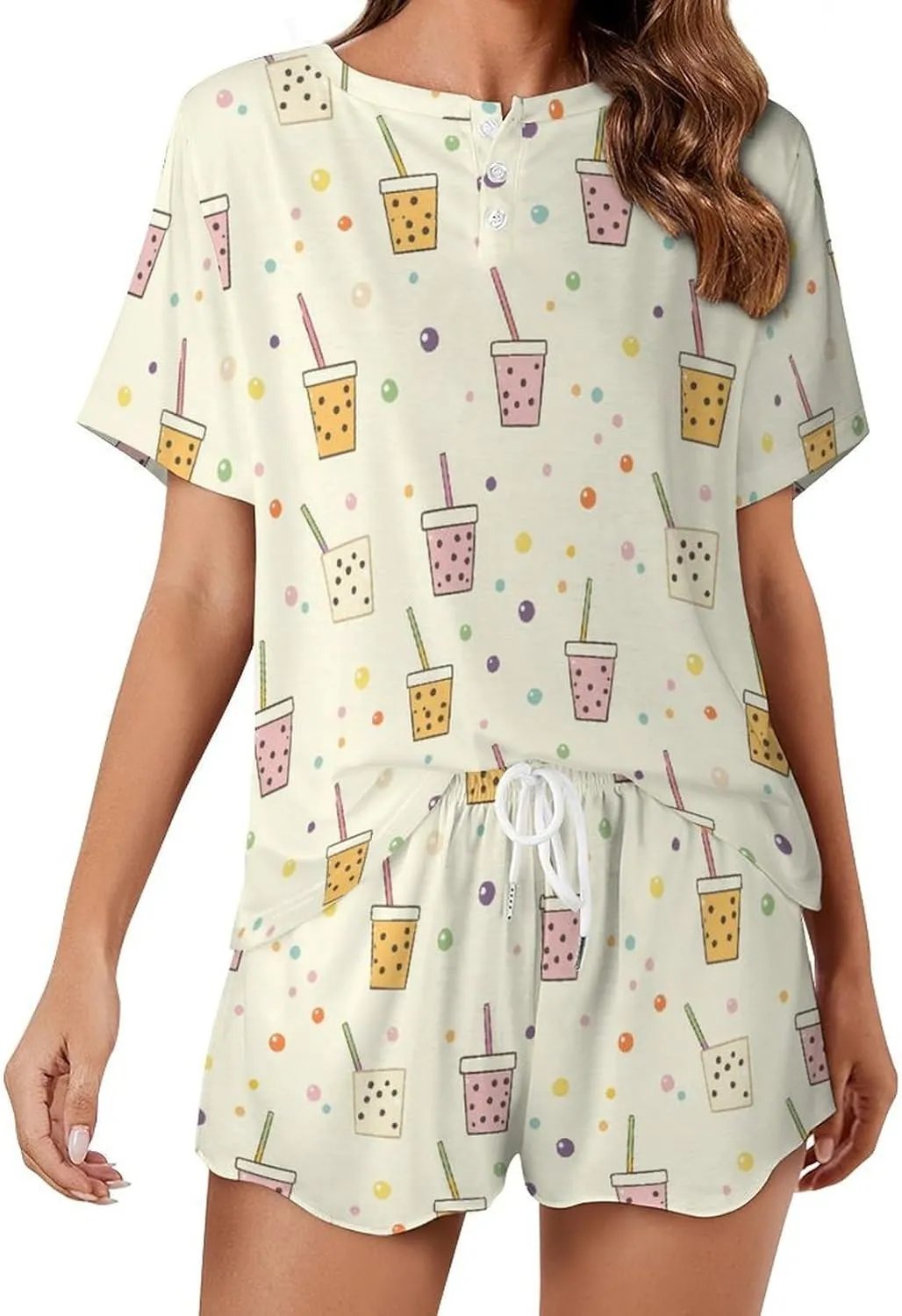 Tea Drink Pattern Pajamas for Women Set Short Sleeve Top And Shorts Lounge Sleepwear Loungewear 2Pcs Pj Sets