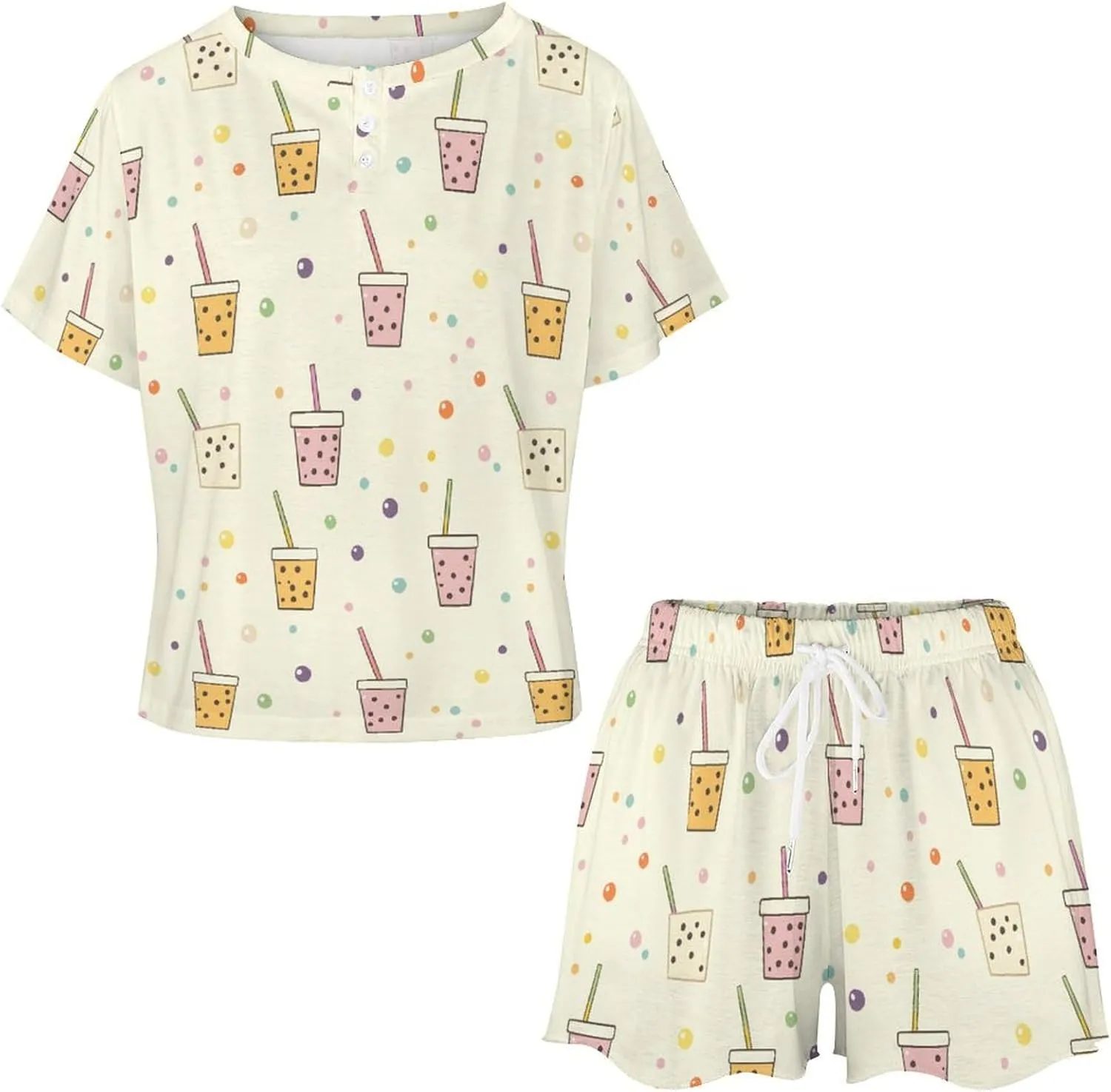 Tea Drink Pattern Pajamas for Women Set Short Sleeve Top And Shorts Lounge Sleepwear Loungewear 2Pcs Pj Sets