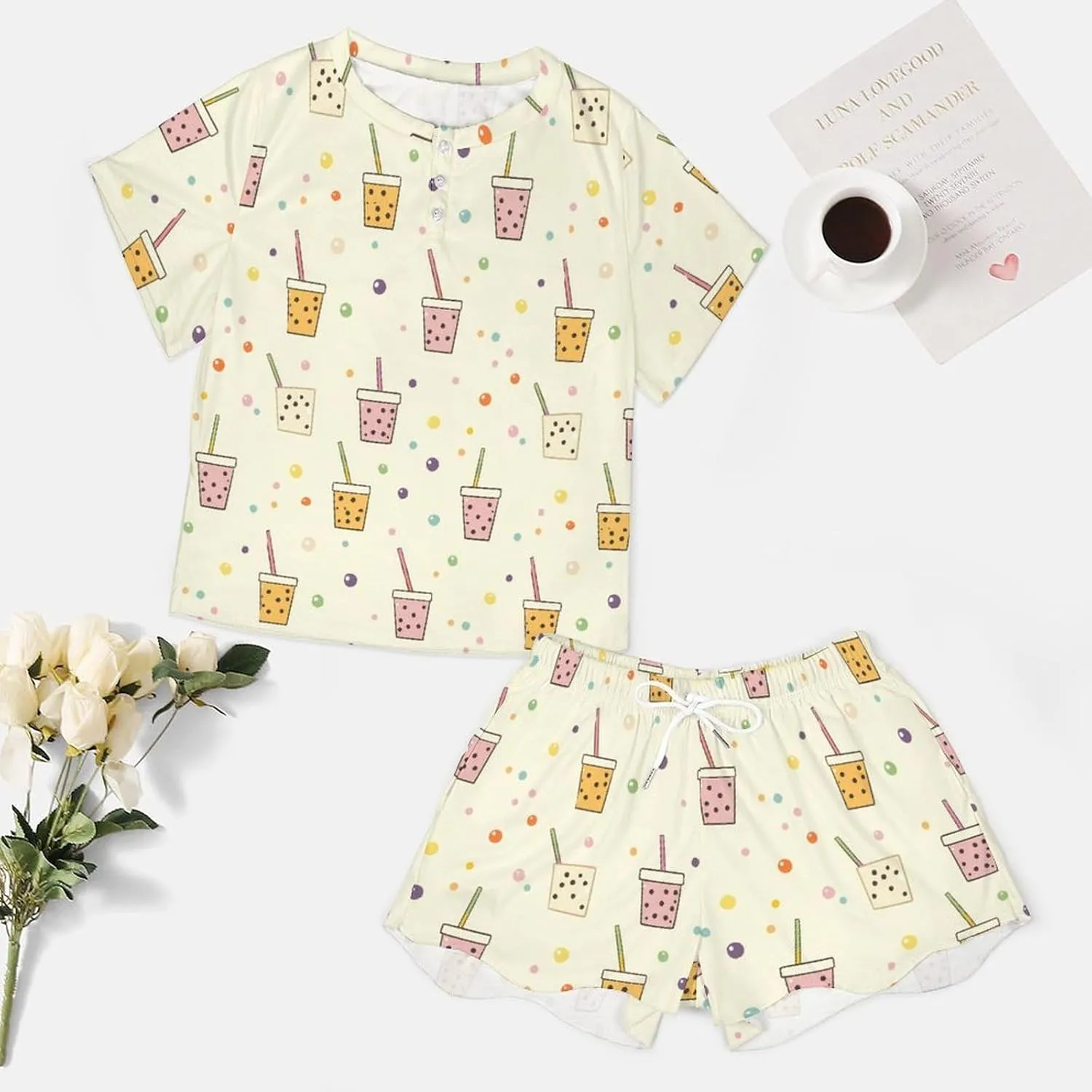 Tea Drink Pattern Pajamas for Women Set Short Sleeve Top And Shorts Lounge Sleepwear Loungewear 2Pcs Pj Sets