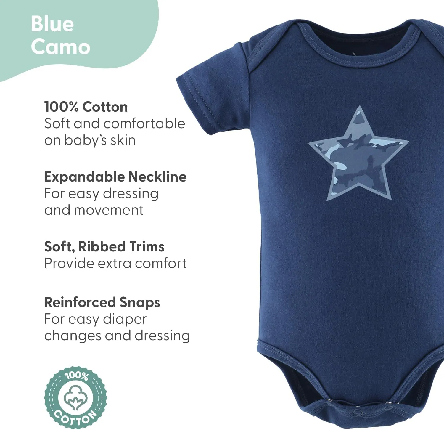 The Peanutshell Baby Boy Short Sleeve Bodysuits - 100% Cotton Outfits for Boys, Sizes 0-24 Months - Blue Camo