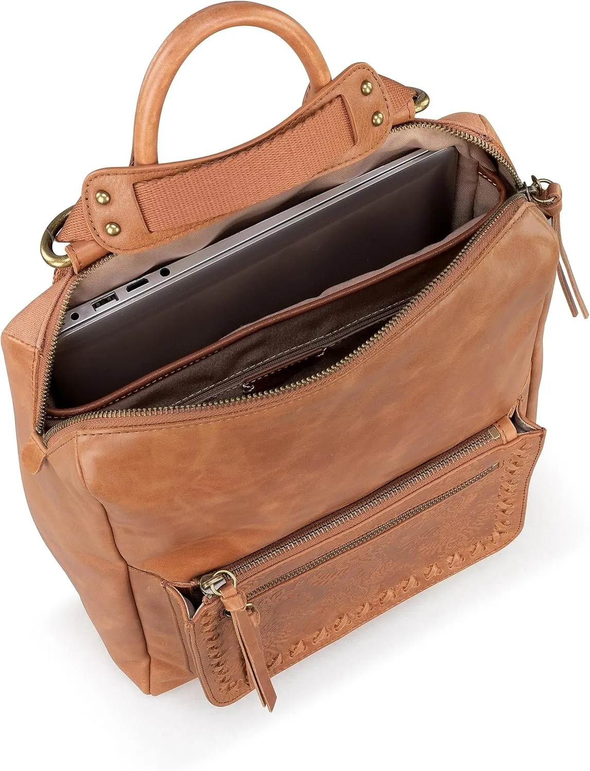 The Sak Loyola Convertible Backpack in Leather, Adjustable Convertible Strap, Tobacco Floral Embossed