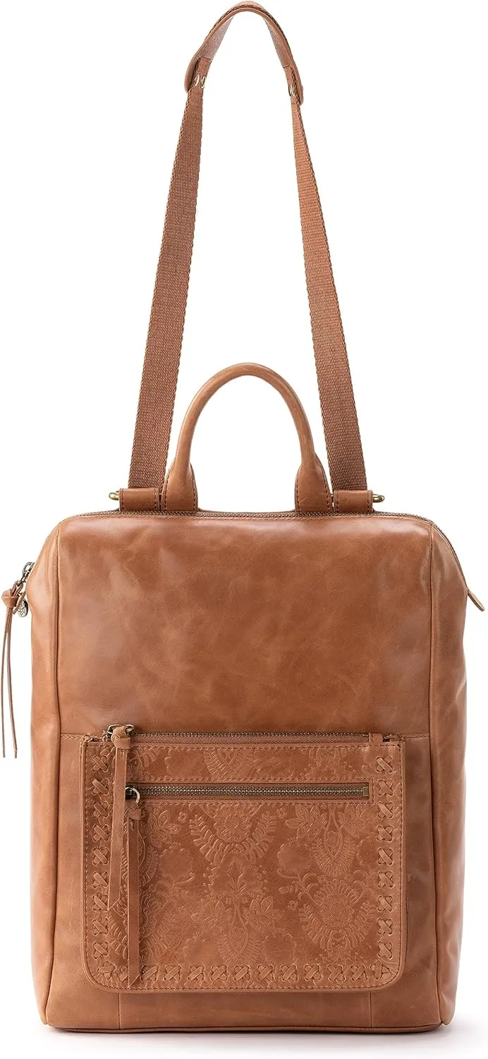 The Sak Loyola Convertible Backpack in Leather, Adjustable Convertible Strap, Tobacco Floral Embossed