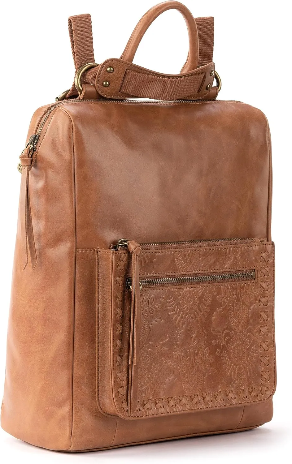 The Sak Loyola Convertible Backpack in Leather, Adjustable Convertible Strap, Tobacco Floral Embossed