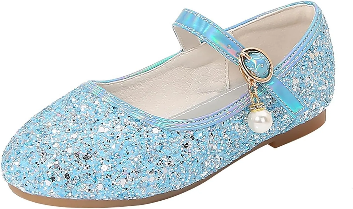 Toddler Girls Glitter Princess Dress Shoes Plat Sparkly Mary Jane Shoes Kids Buckle Sandals Pearl Strap Wedding