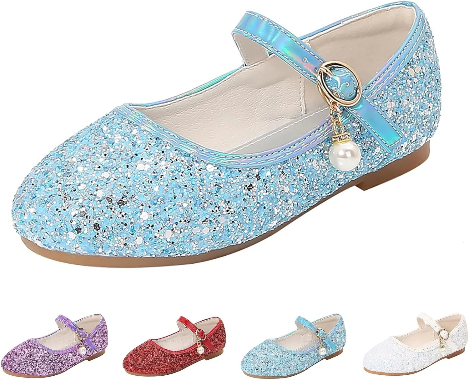 Toddler Girls Glitter Princess Dress Shoes Plat Sparkly Mary Jane Shoes Kids Buckle Sandals Pearl Strap Wedding