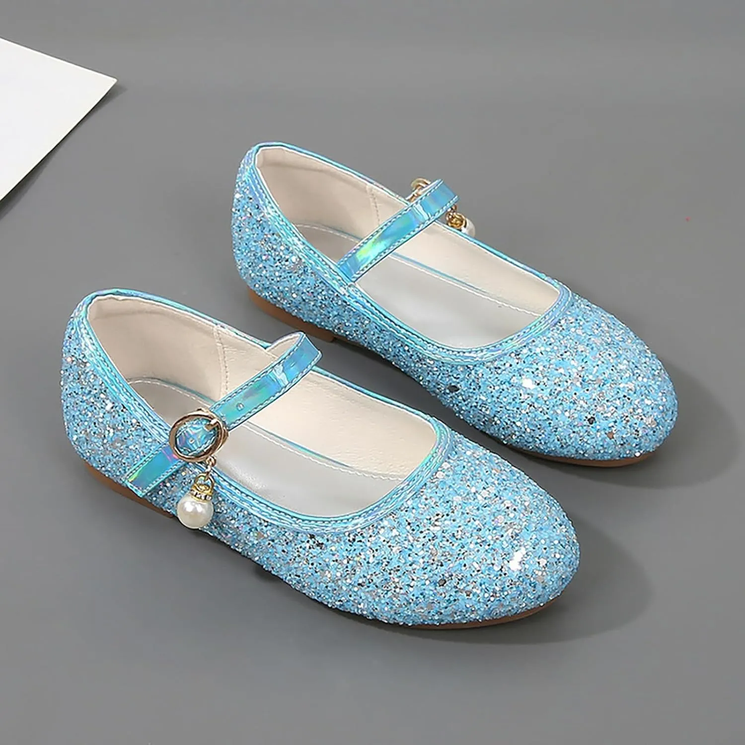 Toddler Girls Glitter Princess Dress Shoes Plat Sparkly Mary Jane Shoes Kids Buckle Sandals Pearl Strap Wedding