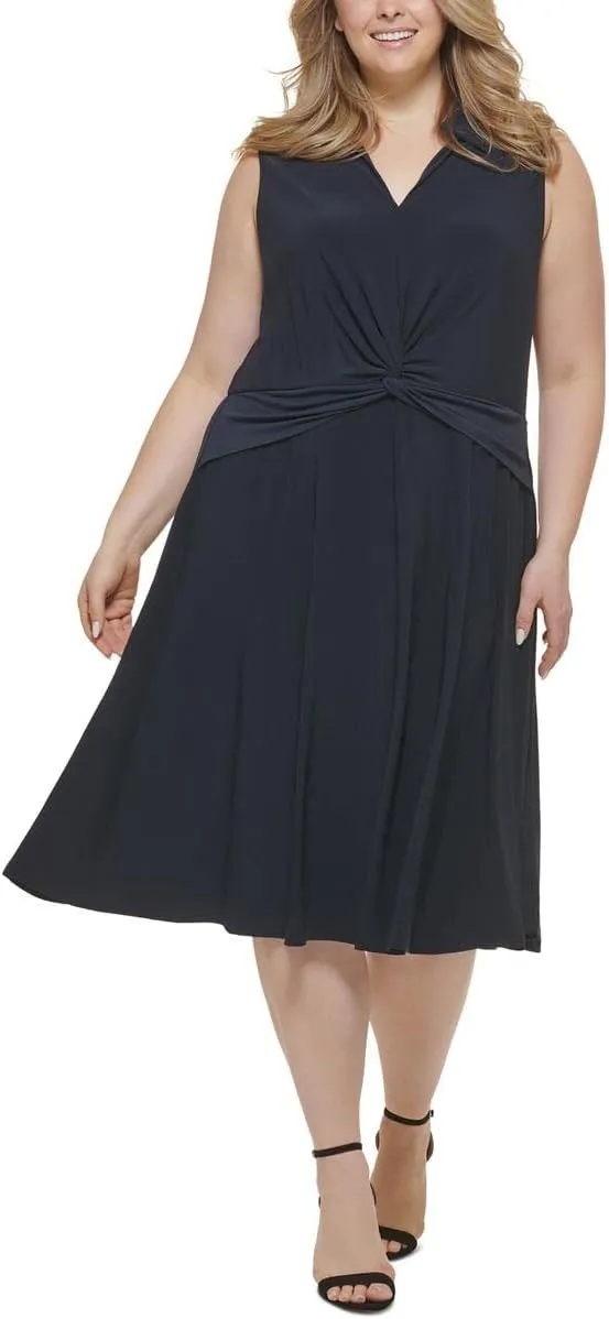 Tommy Hilfiger Womens Plus Twist-Front Midi Fit & Flare Dress Blue 16W