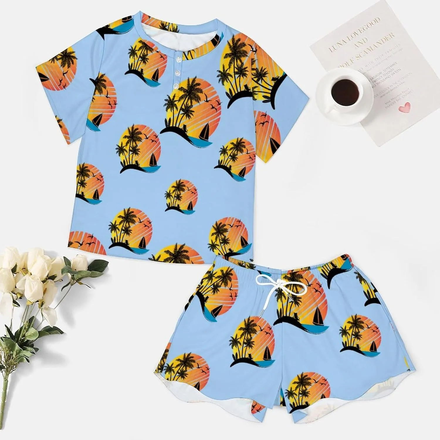 Tropical Beach Pajamas Set for Women Casual Pullover Short Sleeves And Shorts Two Piece Loungewear Set