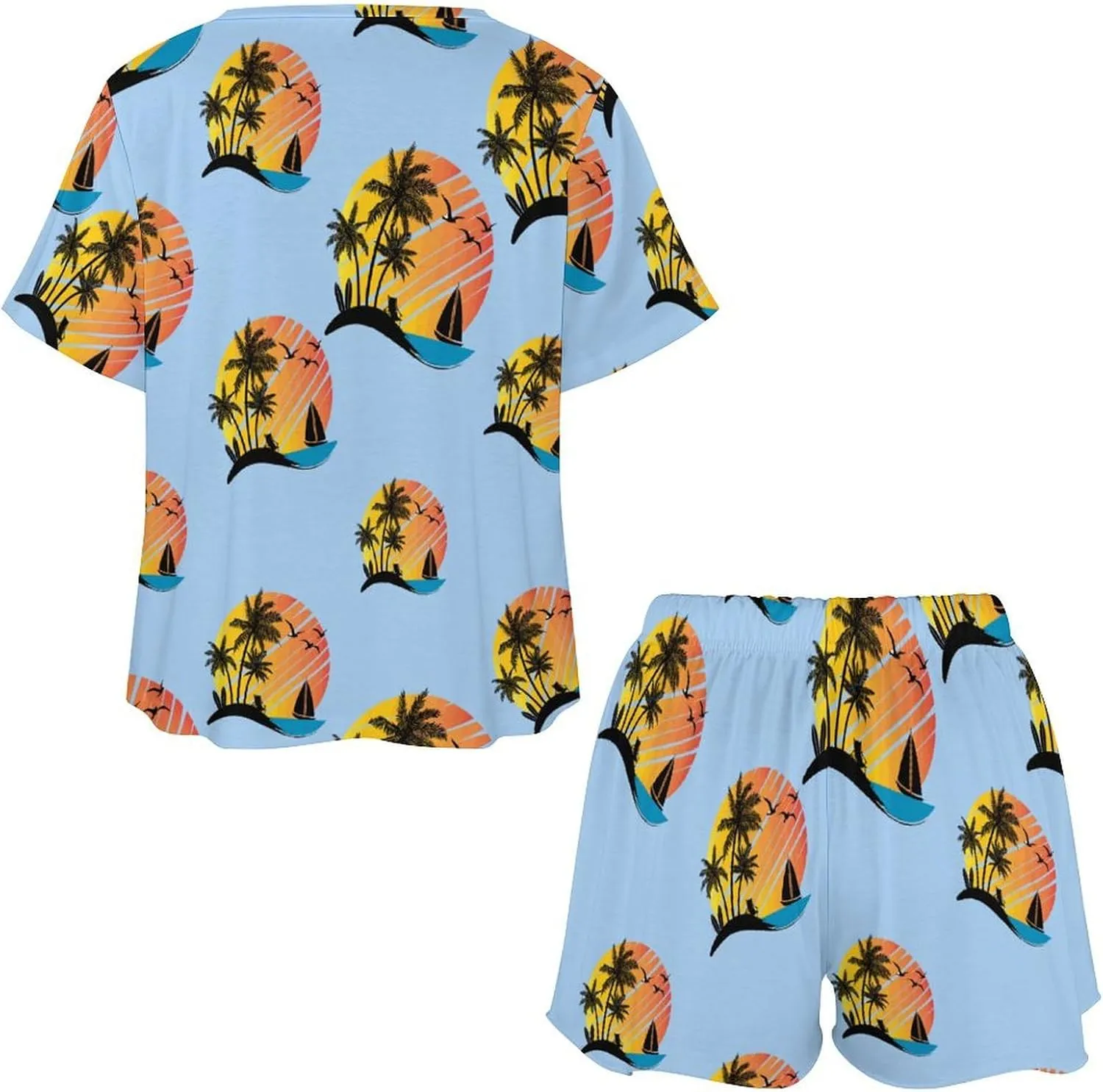 Tropical Beach Pajamas Set for Women Casual Pullover Short Sleeves And Shorts Two Piece Loungewear Set