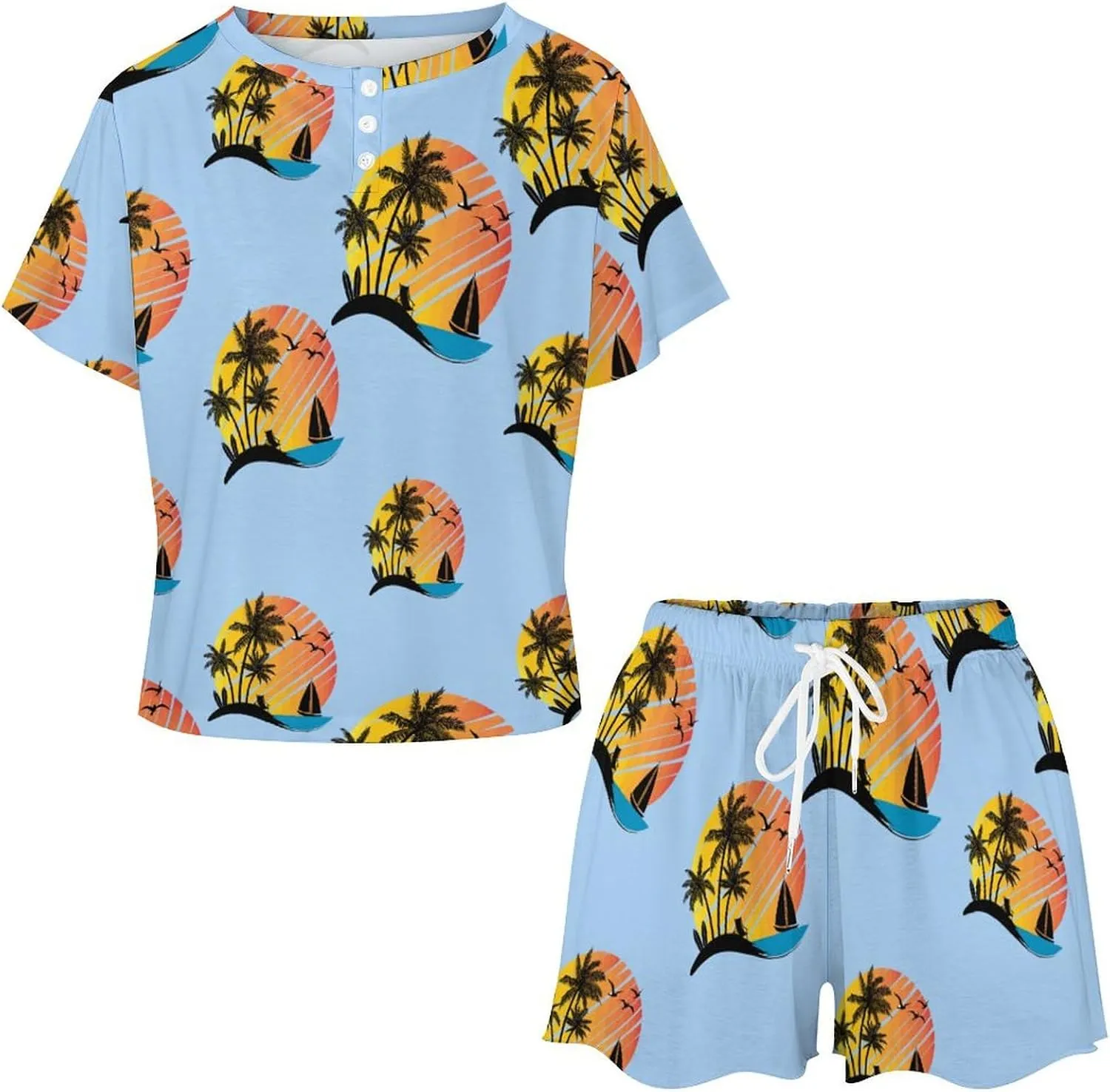 Tropical Beach Pajamas Set for Women Casual Pullover Short Sleeves And Shorts Two Piece Loungewear Set