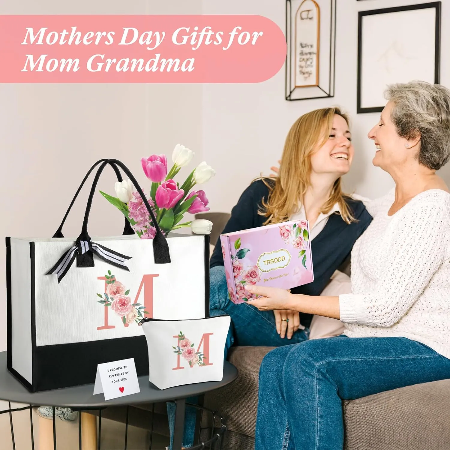 TRSODD Birthday Gifts for Women Mothers Day Gifts for Mom Wife Grandma Daughter Sister Friends Female Tote Bag and Makeup Bag Set