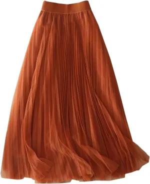 Tulle Skirts for Women Solid Chiffon High Waist Pleated Skirt Casual Boho Midi Swing A-Line Double Layer Summer