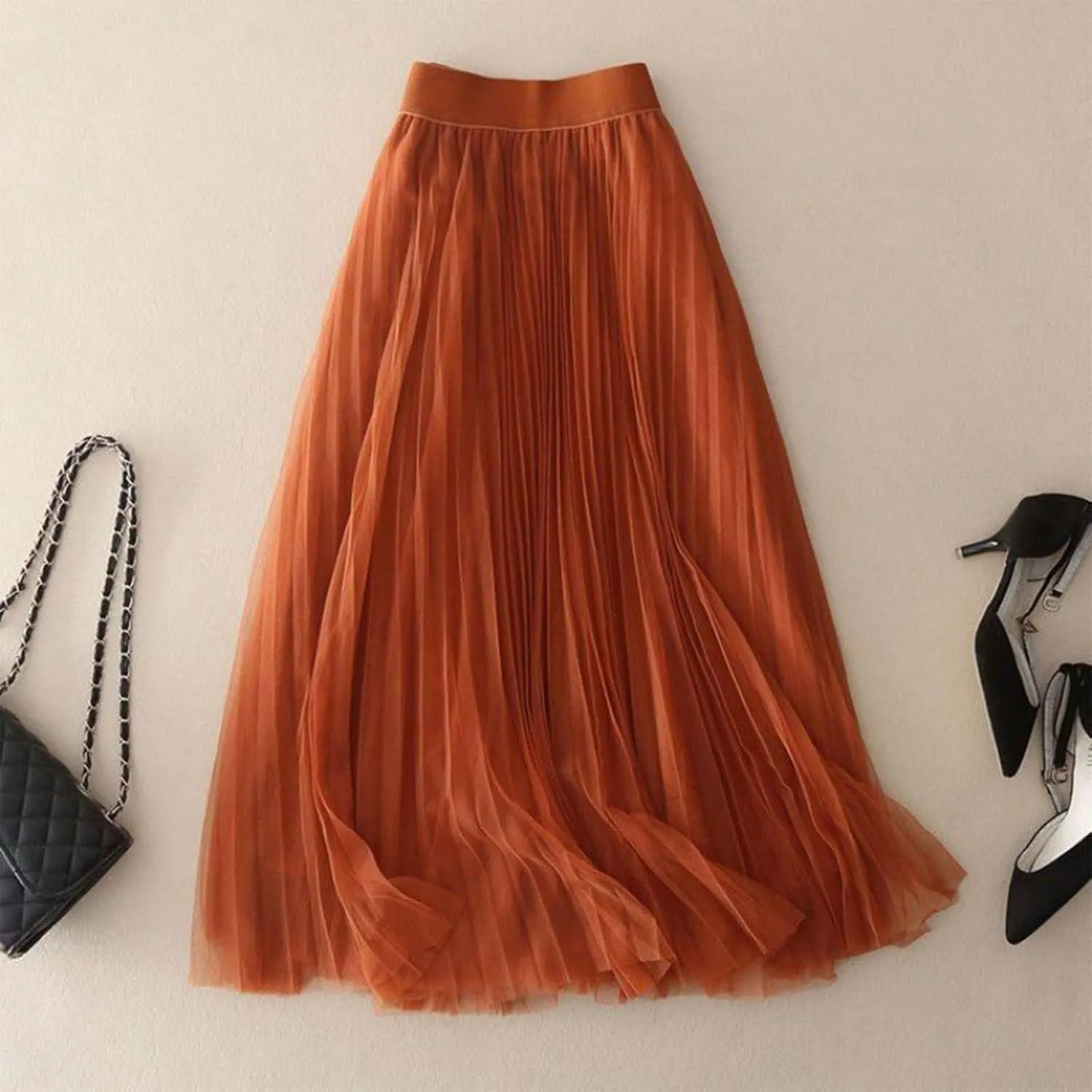 Tulle Skirts for Women Solid Chiffon High Waist Pleated Skirt Casual Boho Midi Swing A-Line Double Layer Summer