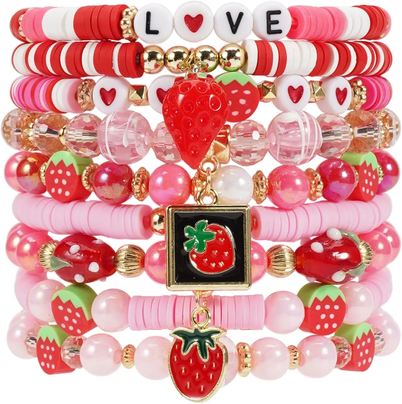 Twinfree Strawberry Bracelet for Women Heishi Beaded Stretchy Bracelet Stackable Friendship Bracelets (9pcs)