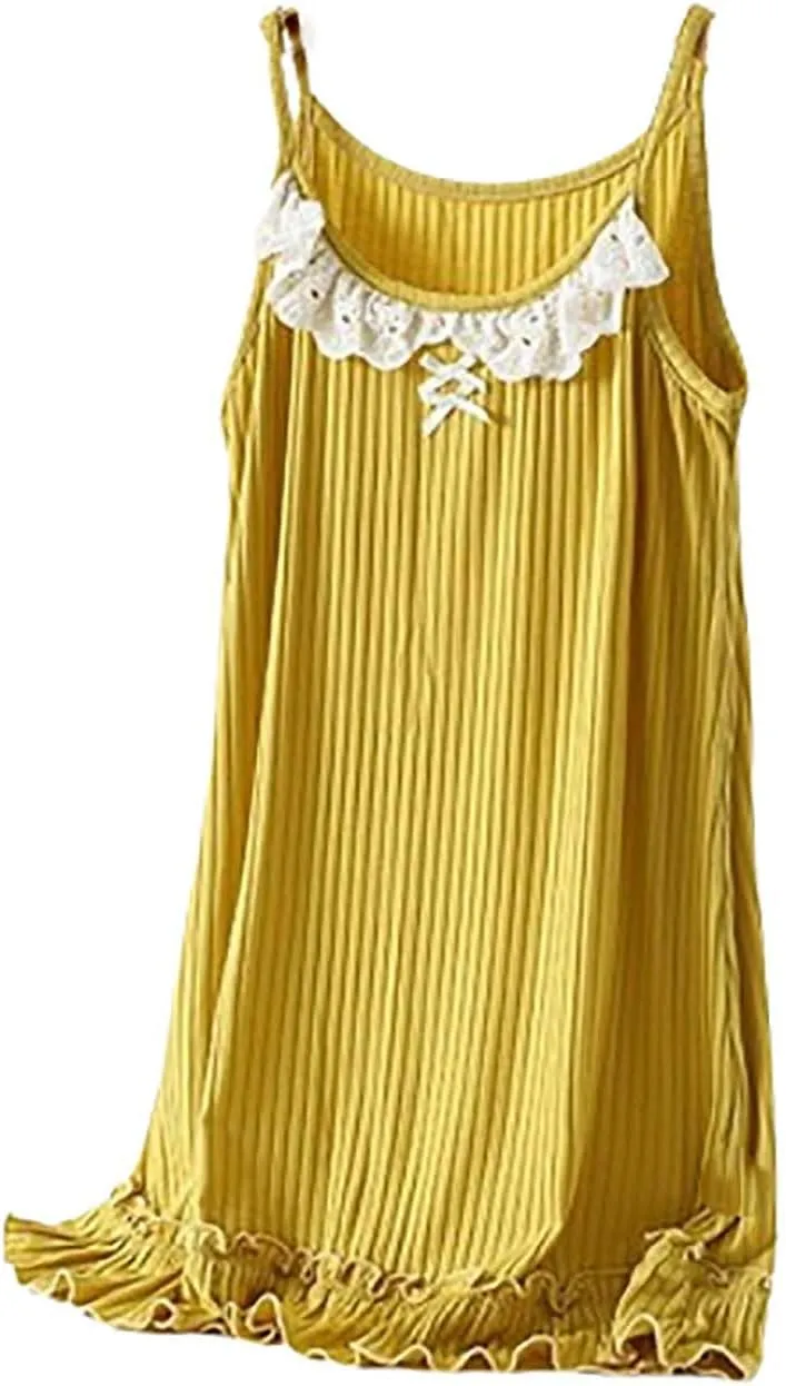 Uillui Womens Modal Nightgown Comfy Sleepwear Chemise Full Slip Dress Lace Ruffle Hem Nighties Spaghetti Strap Pajama Dress