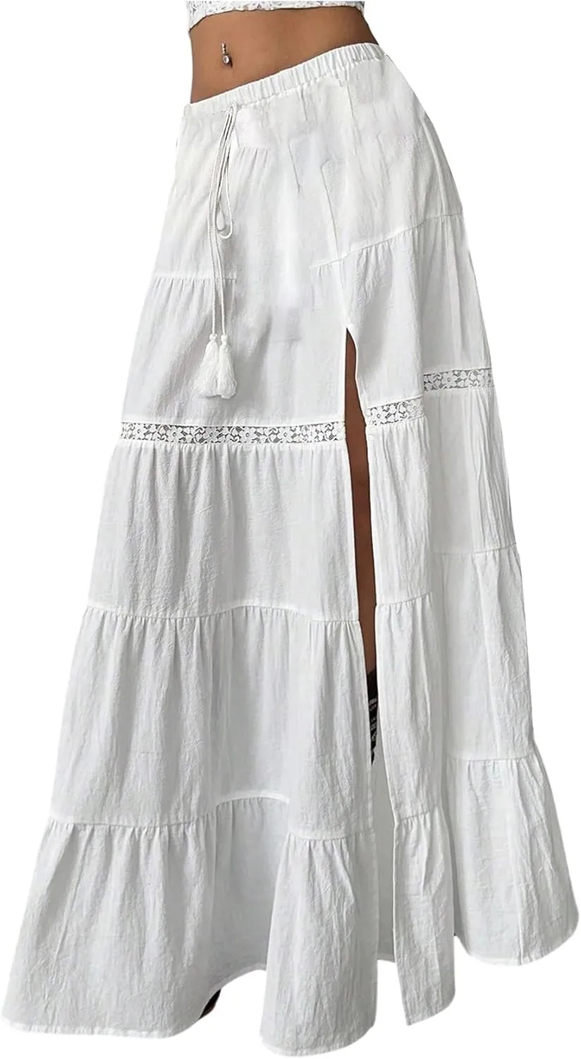Verdusa Women's Boho Western Lace Long Skirt Drawstring Waist Layered Ruffle Skirts