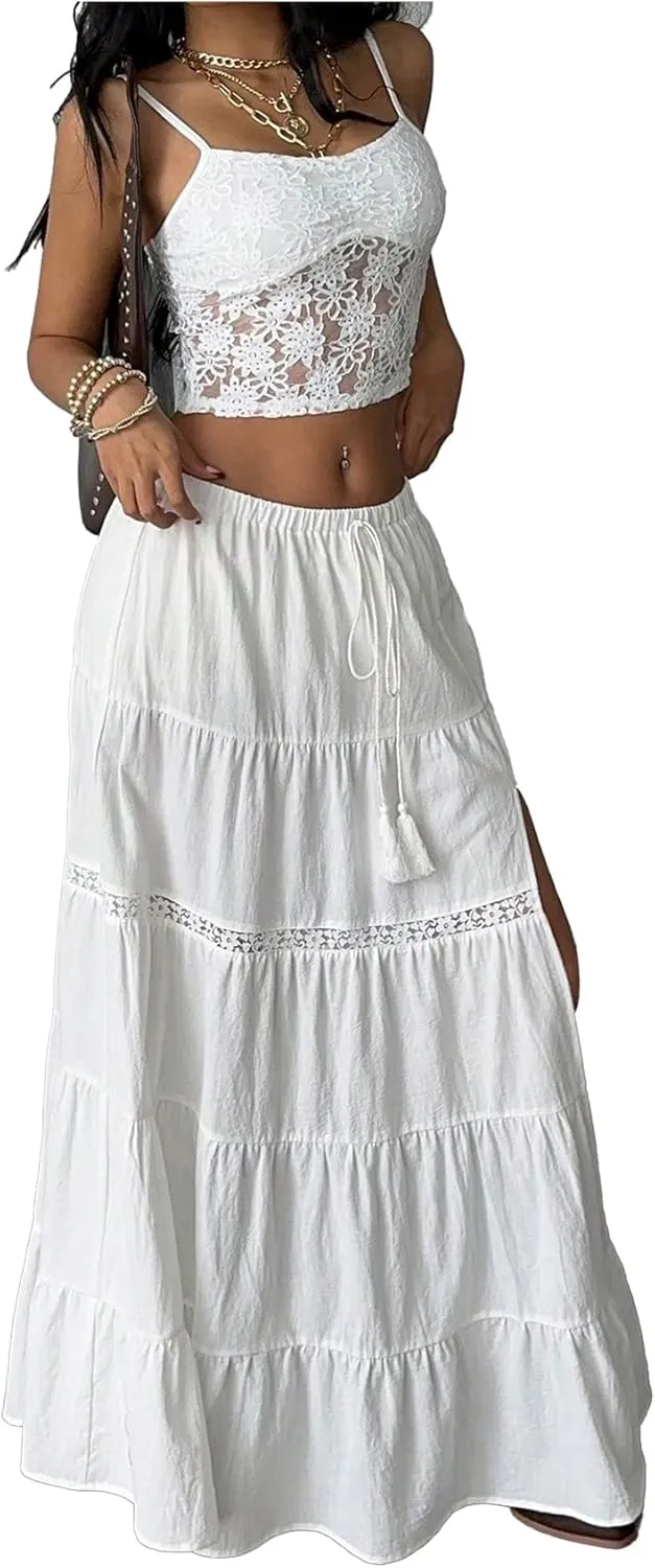 Verdusa Women's Boho Western Lace Long Skirt Drawstring Waist Layered Ruffle Skirts