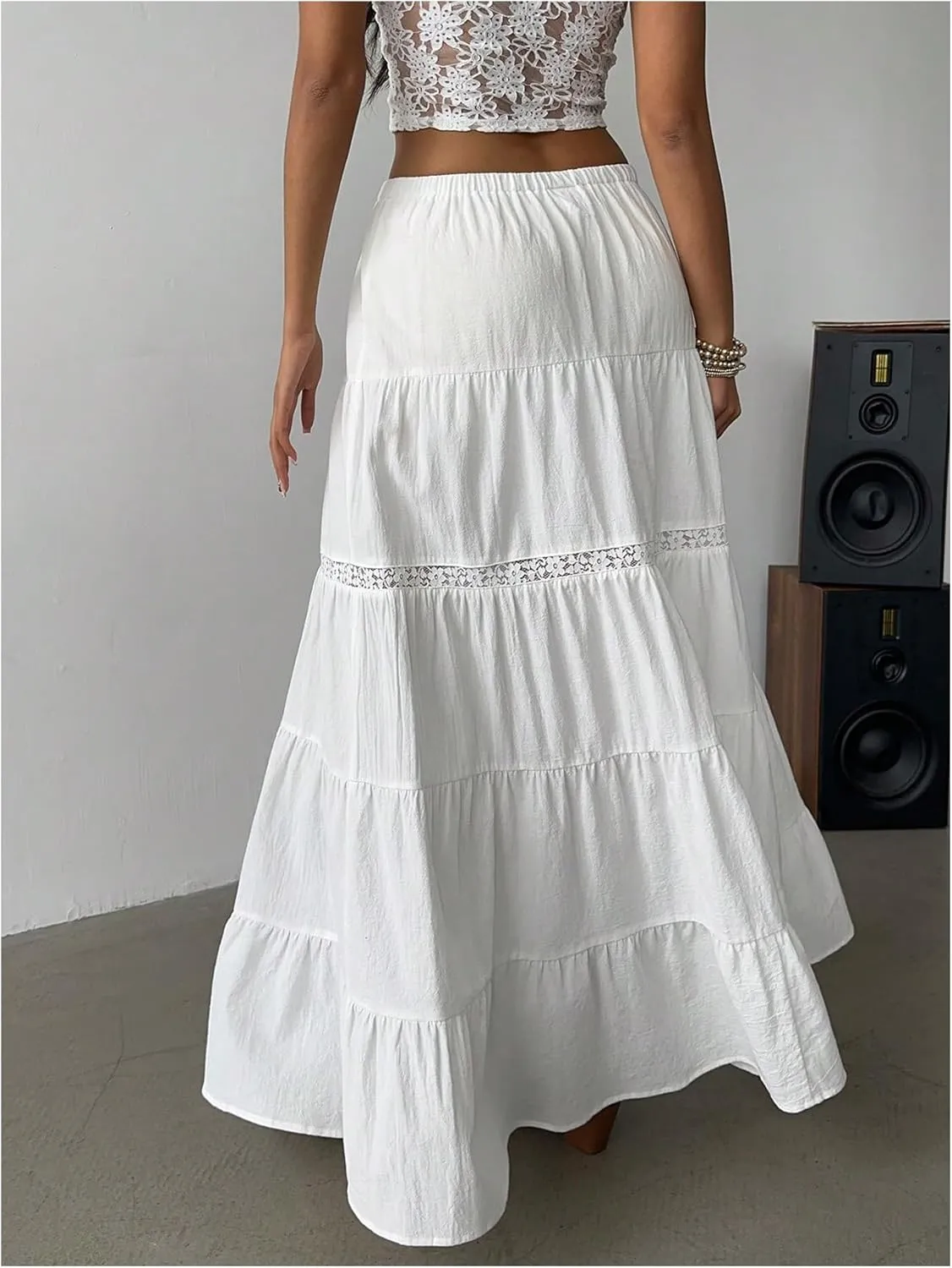 Verdusa Women's Boho Western Lace Long Skirt Drawstring Waist Layered Ruffle Skirts