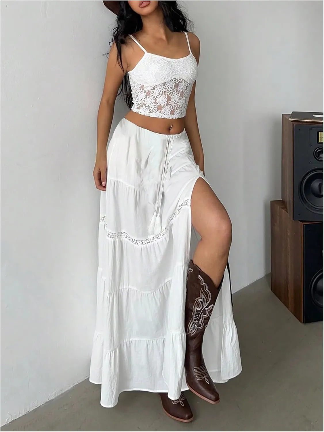 Verdusa Women's Boho Western Lace Long Skirt Drawstring Waist Layered Ruffle Skirts