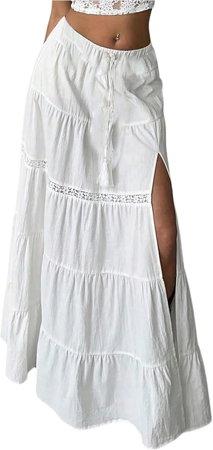 Verdusa Women's Boho Western Lace Long Skirt Drawstring Waist Layered Ruffle Skirts