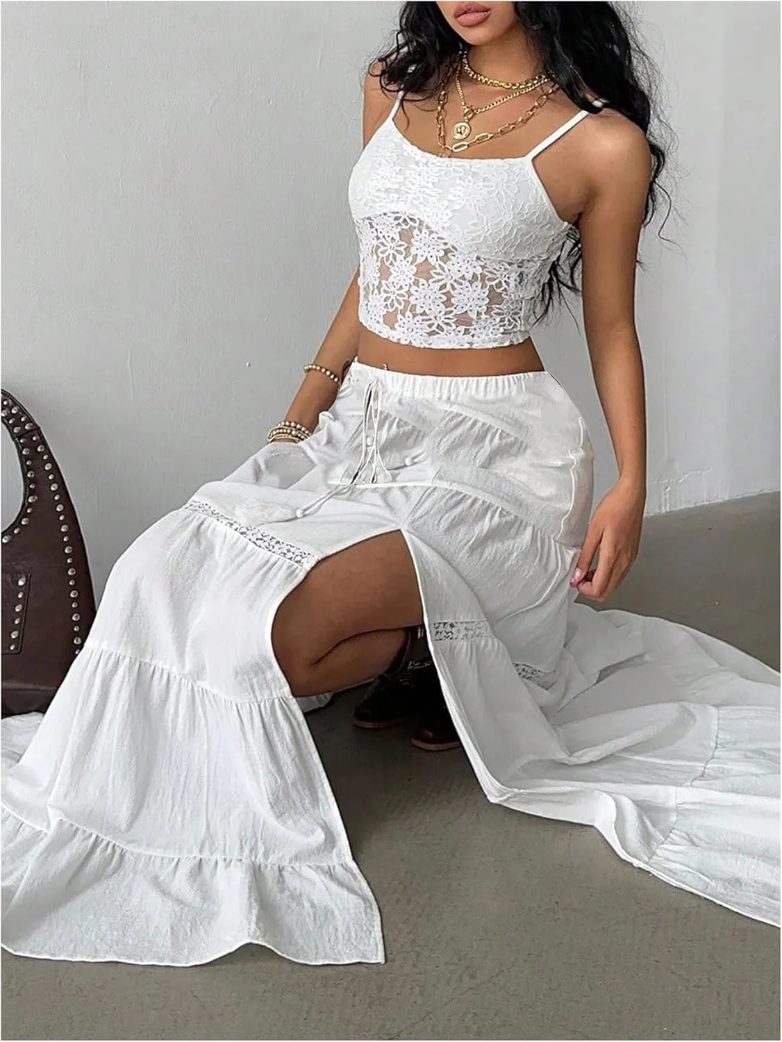 Verdusa Women's Boho Western Lace Long Skirt Drawstring Waist Layered Ruffle Skirts