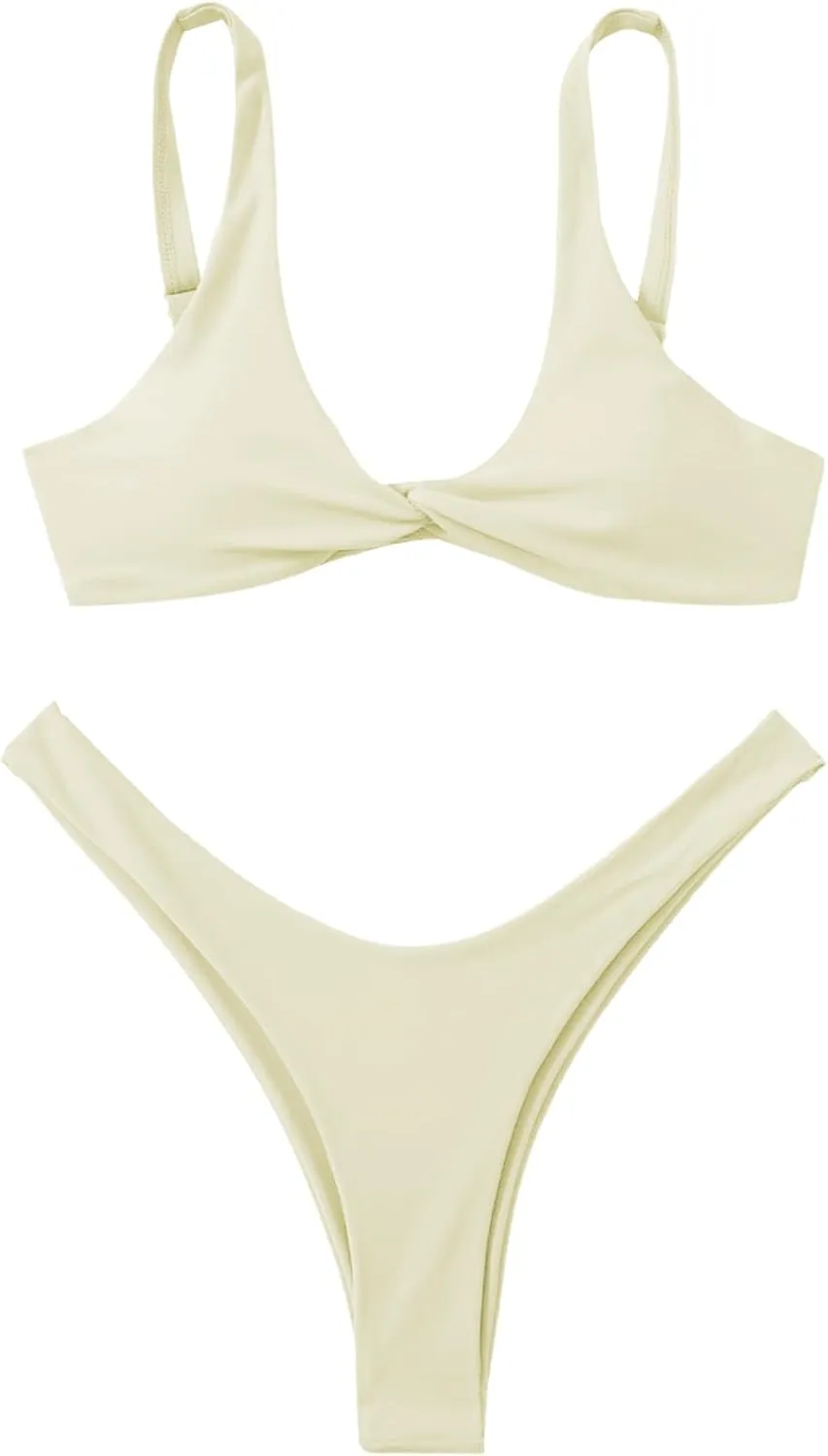 Verdusa Women's Twist Front High Cut Thong Two Piece Bikini Set Swimsuit