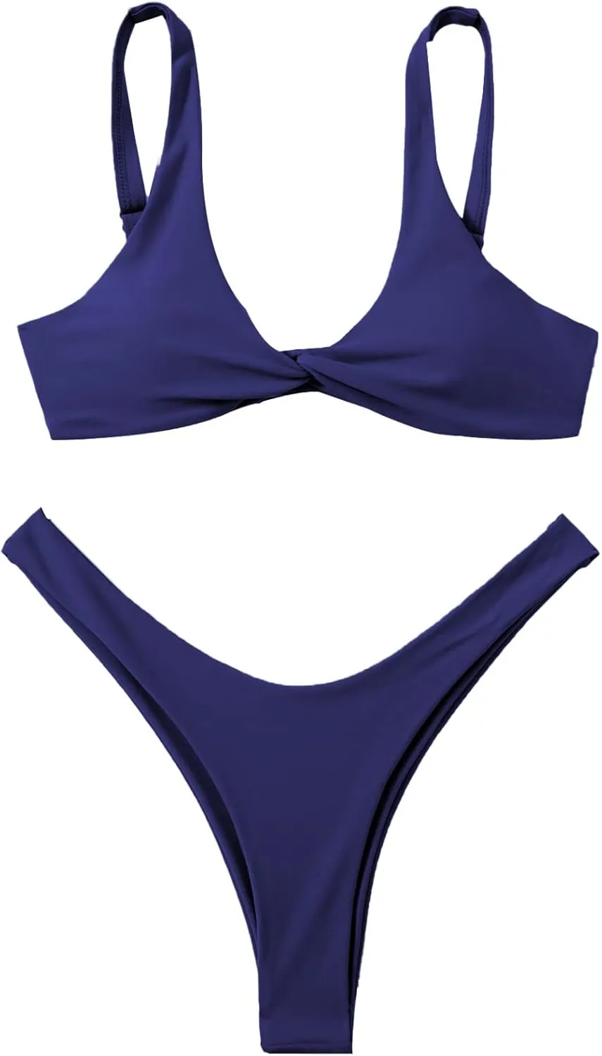 Verdusa Women's Twist Front High Cut Thong Two Piece Bikini Set Swimsuit