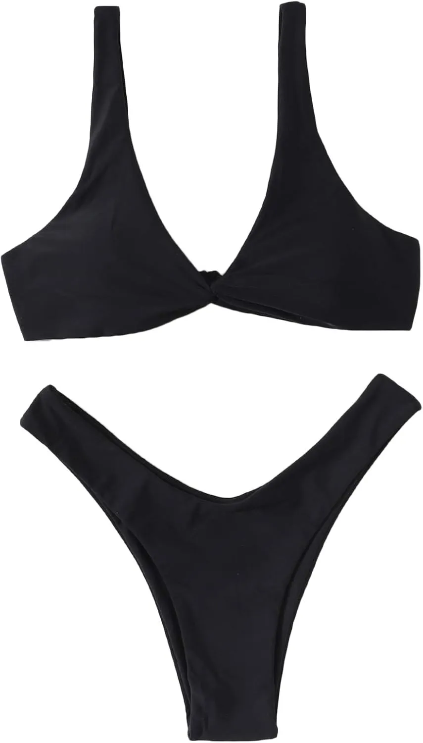 Verdusa Women's Twist Front High Cut Thong Two Piece Bikini Set Swimsuit