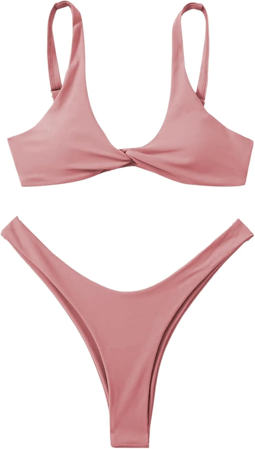 Verdusa Women's Twist Front High Cut Thong Two Piece Bikini Set Swimsuit