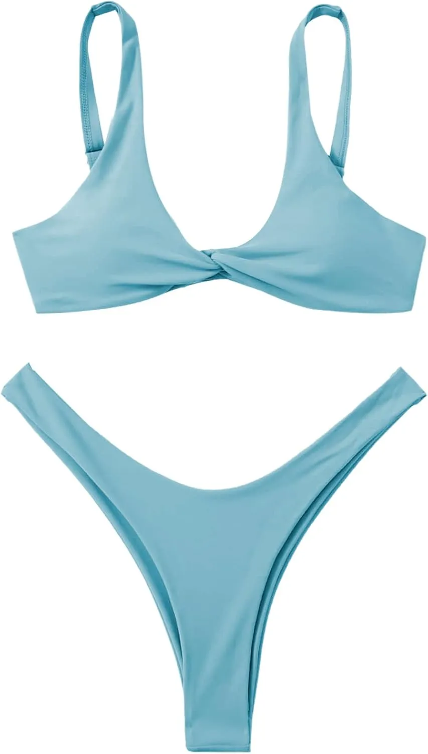 Verdusa Women's Twist Front High Cut Thong Two Piece Bikini Set Swimsuit
