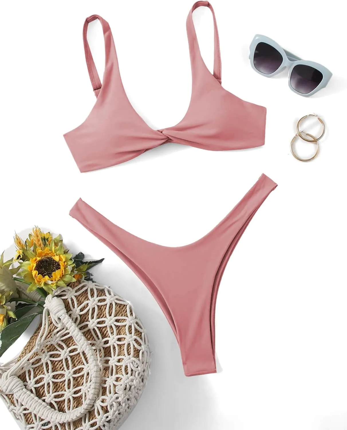 Verdusa Women's Twist Front High Cut Thong Two Piece Bikini Set Swimsuit