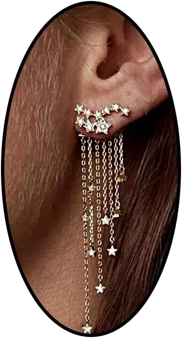 Vintage Bridal Rhinestones Star Drop Earrings for Women Long Tassels Pentagram Dangle Earrings Shiny Silver Fringe Dangling Earrings Jewelry Gifts