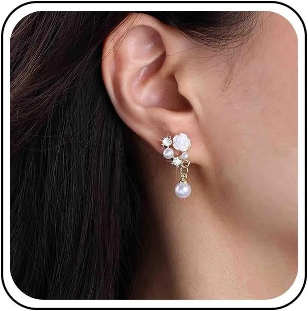 Vintage Crystal Flower Pearl Drop Earrings Cz Flower Pearl Dangle Earrings White Camellia Flower Stud Earrings Rhinestone Flower Pearl Earrings Jewelry for Women