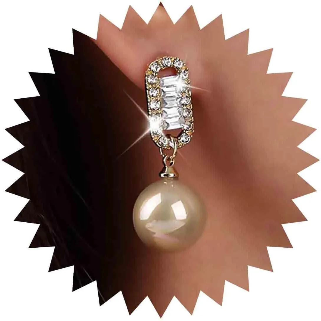 Vintage Crystal Pearl Drop Earrings Gold Crystal Stud Earring Boho Cz Pearl Earrings Round Pearl Drop Stud Earrings Jewelry for Women