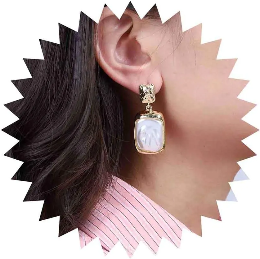 Vintage Hammered Pearl Square Drop Earrings Large Baroque Pearl Earrings Pearl Square Dangle Earrings Gold Square Stud Earrings Jewelry for Women