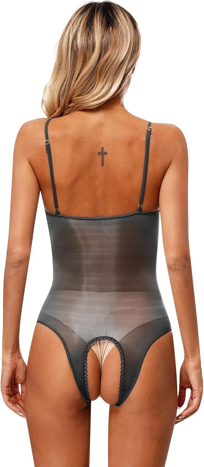 Vxuxlje Women's One Piece Swimsuits Lingerie Bodysuits Spaghetti Straps Sheer Teddy Leotards