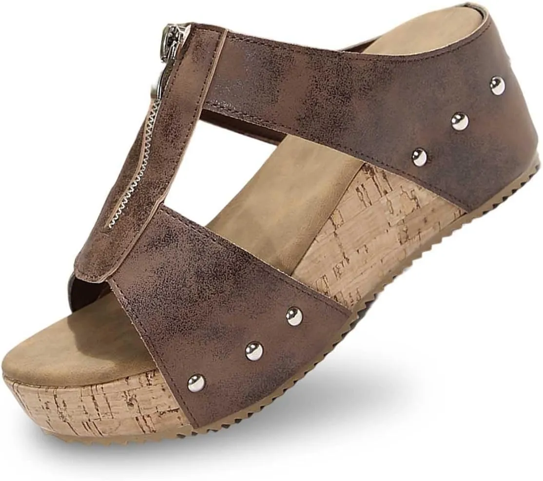 Wedge Sandals for Women Platform Open Toe Comfortable Summer Shoes Slip On Slippers with Zipper Wide Width Beach Walking Sandals Dressy Footwear Breathable Casual