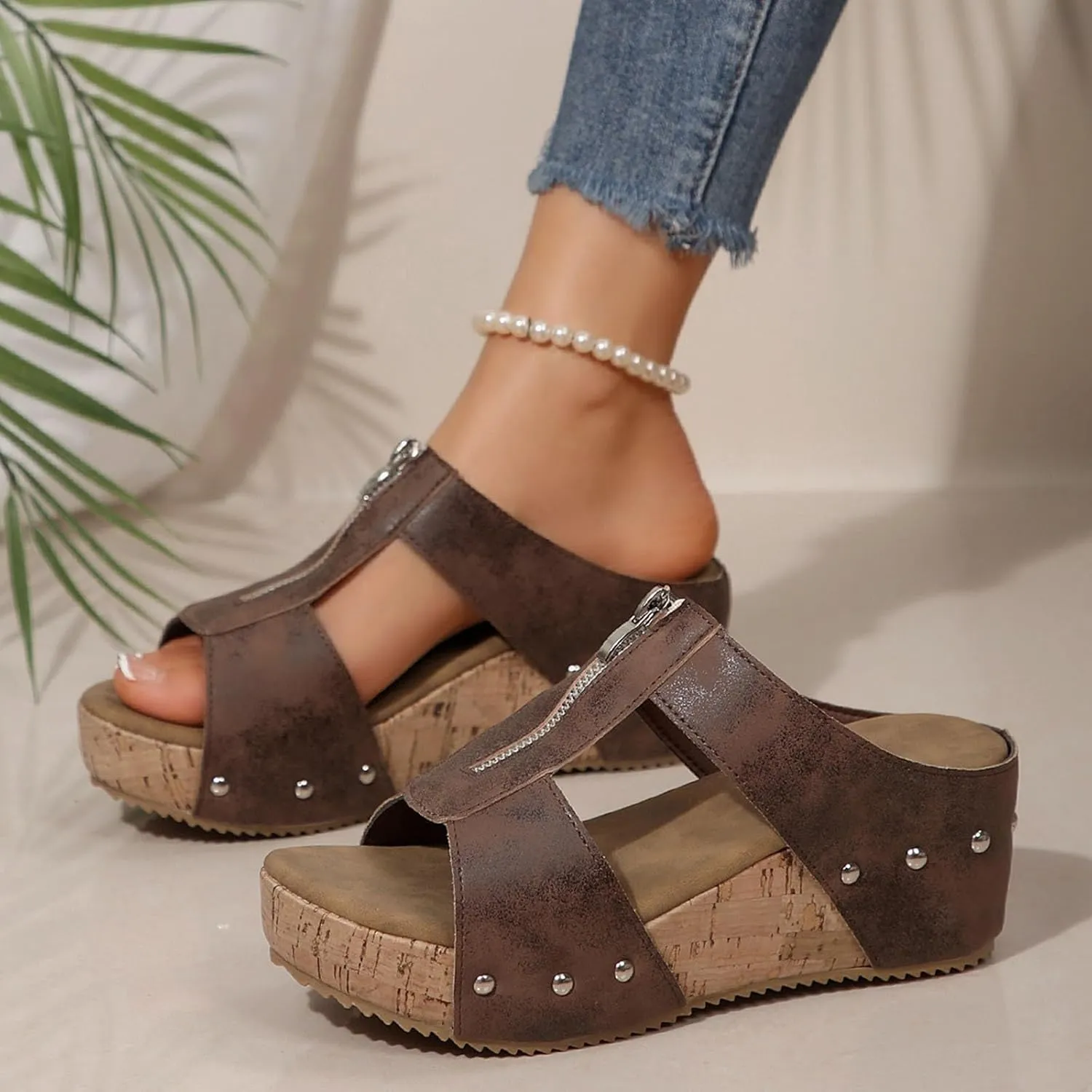 Wedge Sandals for Women Platform Open Toe Comfortable Summer Shoes Slip On Slippers with Zipper Wide Width Beach Walking Sandals Dressy Footwear Breathable Casual