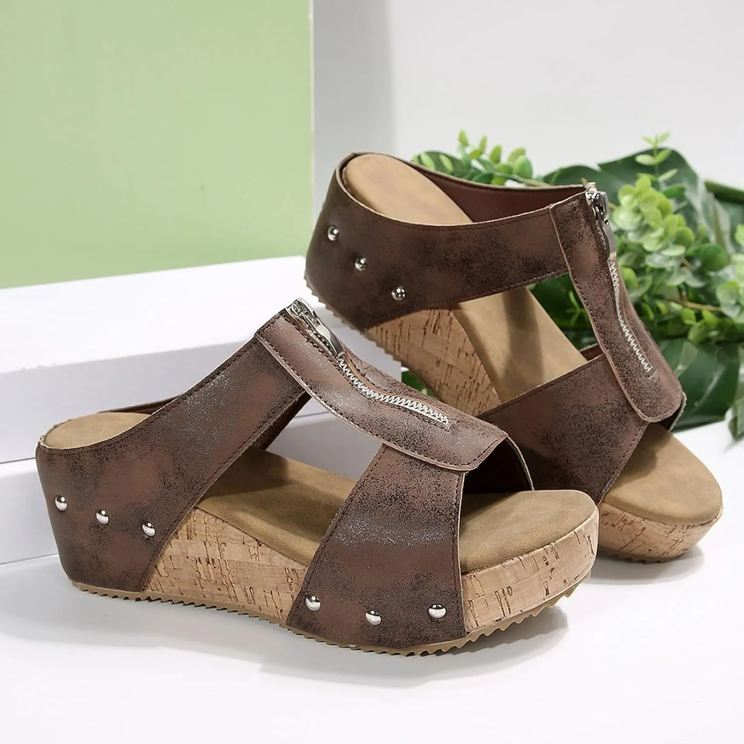 Wedge Sandals for Women Platform Open Toe Comfortable Summer Shoes Slip On Slippers with Zipper Wide Width Beach Walking Sandals Dressy Footwear Breathable Casual