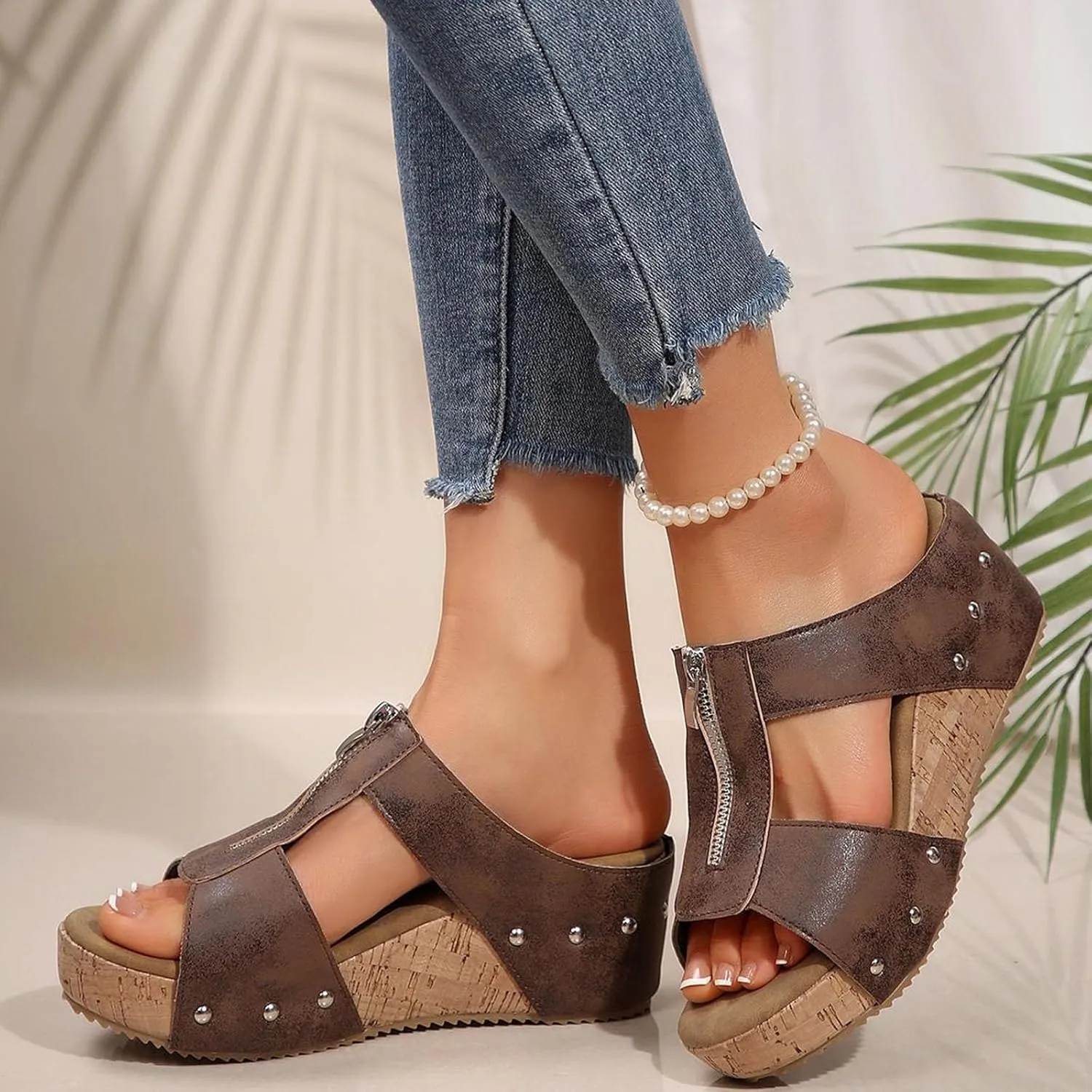 Wedge Sandals for Women Platform Open Toe Comfortable Summer Shoes Slip On Slippers with Zipper Wide Width Beach Walking Sandals Dressy Footwear Breathable Casual