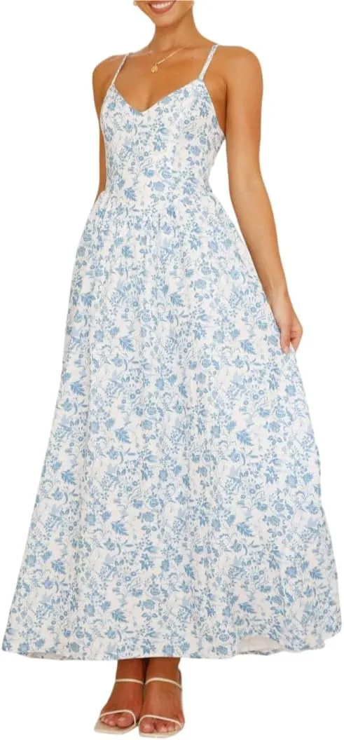 Women Casual Summer Floral Maxi Sundress V Neck Spaghetti Strap Bow Tie Backless Boho Beach Long Dress