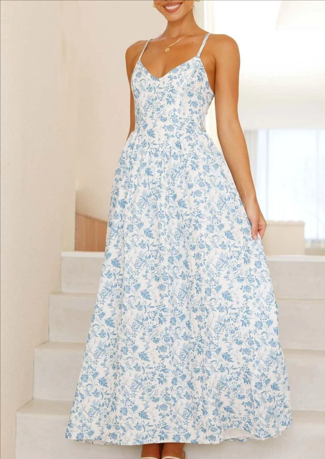 Women Casual Summer Floral Maxi Sundress V Neck Spaghetti Strap Bow Tie Backless Boho Beach Long Dress