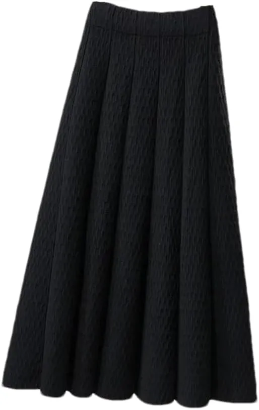 Women High Waist Knitted Midi Skirt Simple Solid Pleated Skirts Med-Long A-Line Midi Skirt Black XL