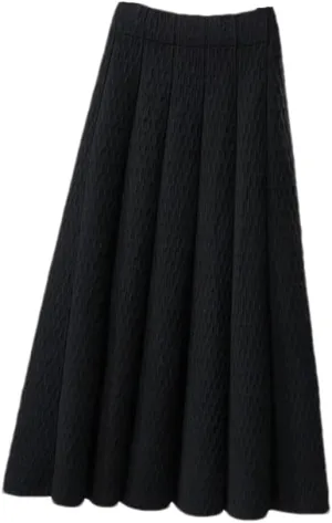 Women High Waist Knitted Midi Skirt Simple Solid Pleated Skirts Med-Long A-Line Midi Skirt Black XL