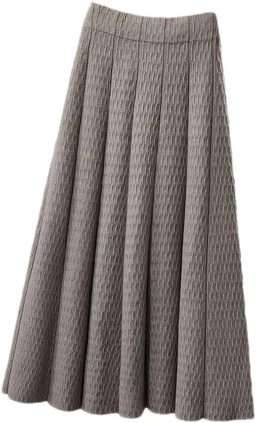 Women High Waist Knitted Midi Skirt Simple Solid Pleated Skirts Med-Long A-Line Midi Skirt gray9 XL