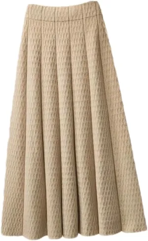Women High Waist Knitted Midi Skirt Simple Solid Pleated Skirts Med-Long A-Line Midi Skirt Khaki XL