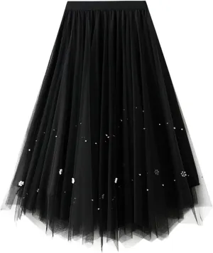 Women Mid Length Skirt Dance Party A Line High Waisted Tulle Skirt Holiday Party Costume Pleated Half Light Cheer