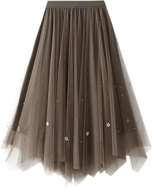 Women Mid Length Skirt Dance Party A Line High Waisted Tulle Skirt Holiday Party Costume Pleated Half Light Cheer